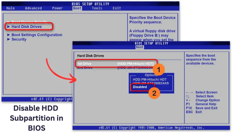 Disable HDD Subpartition in BIOS