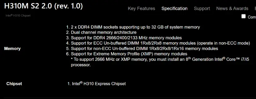 GIGABYTE H310M S2 2.0 RAM memory specs