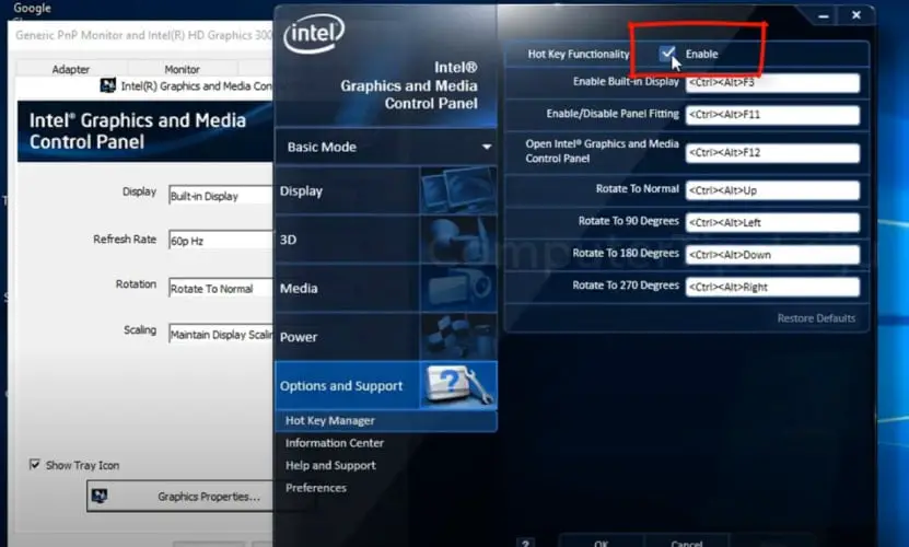 Intel Control panel Screen Hotkeys settings