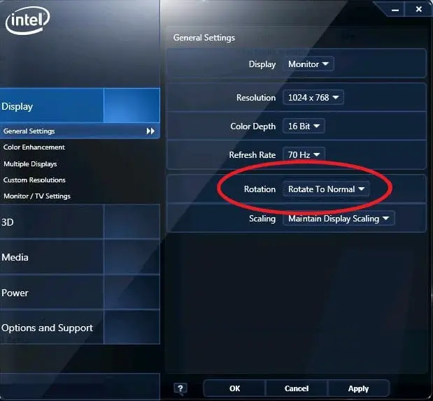 Intel Control panel Screen rotation settings