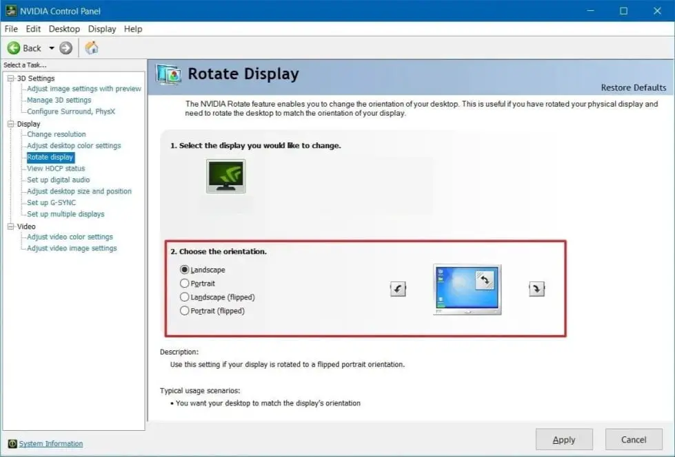 Nvidia Control panel Screen rotation settings