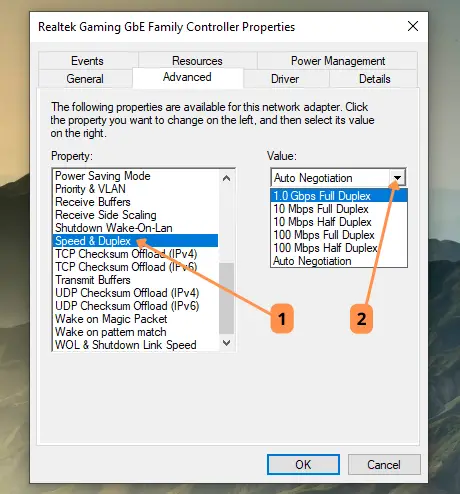 Select the Advanced tab, and click on the "Speed & Duplex" property on the left side and on the right side where it indicates «Value»