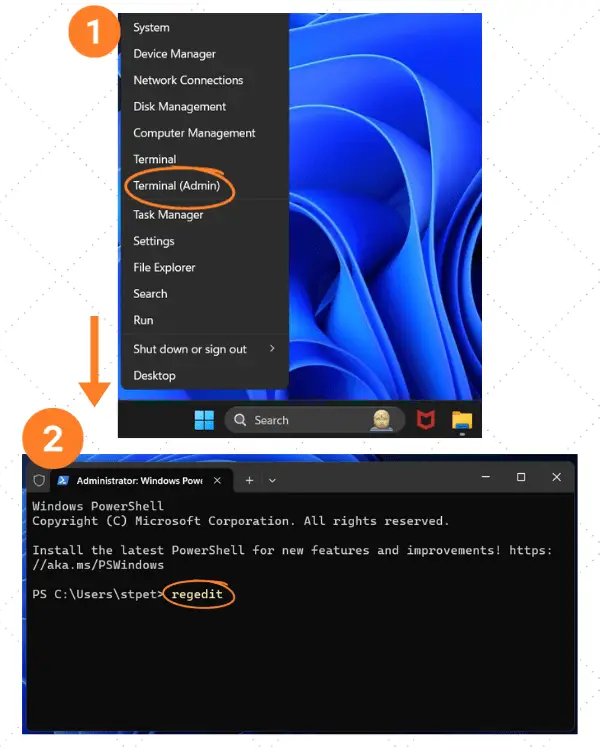 opening registry editor through windows powershell,Terminal